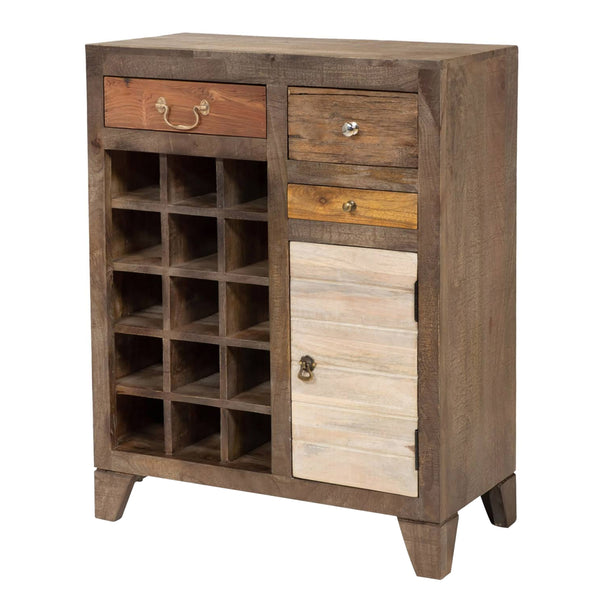 Saon 36 Inch Wine Rack Server, 3 Drawers and 1 Door, Natural Brown Wood - BM311039