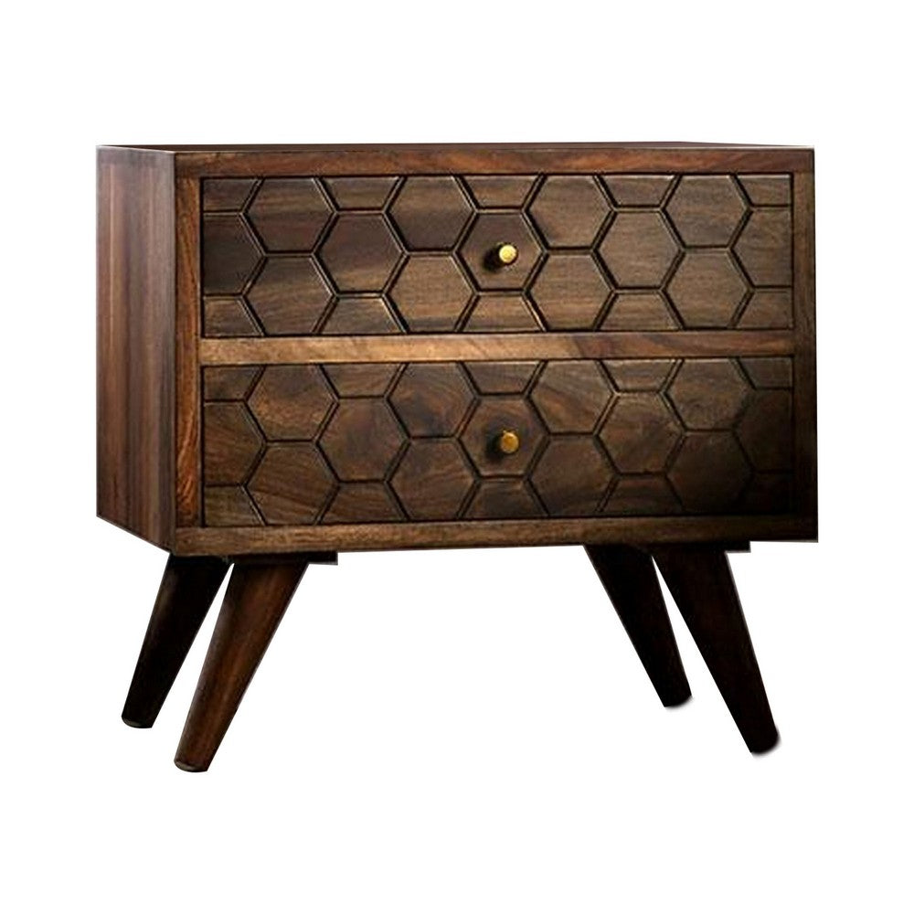 21 Inch Nightstand Table, 2 Drawers, Honeycomb, Indian Rosewood, Brown - BM311049