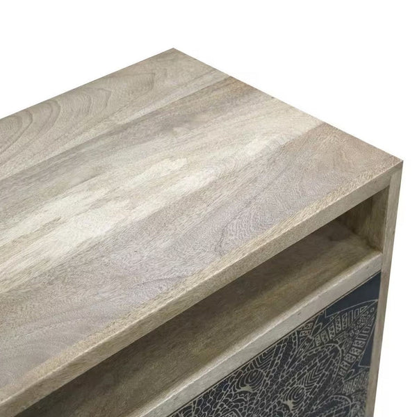 Olan 34 Inch Side Cabinet, 2 Door, Shelf, Screen Print, Solid Wood, Natural - BM311062