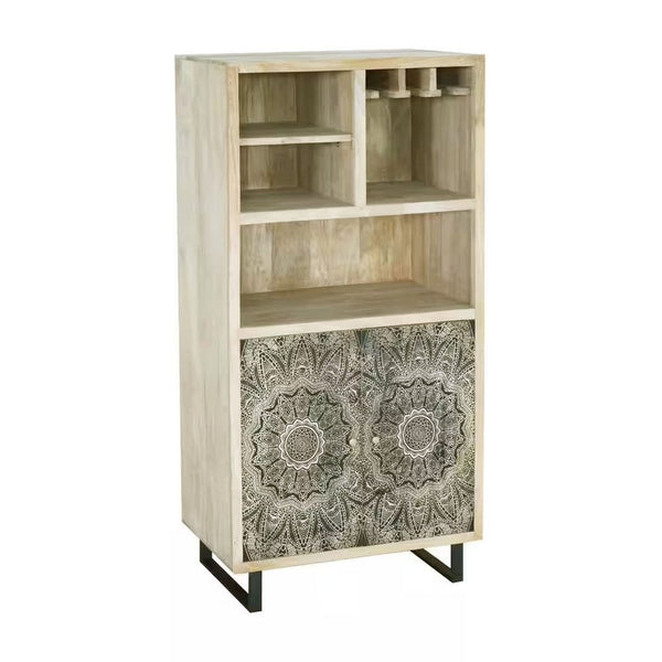 Olan 50 Inch Wine Cabinet, 2 Door, 4 Shelf, Screen Print, Wood, Natural - BM311063