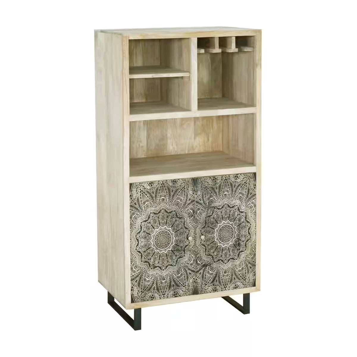 Olan 50 Inch Wine Cabinet, 2 Door, 4 Shelf, Screen Print, Wood, Natural - BM311063