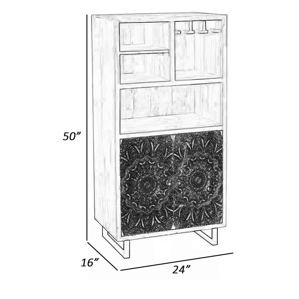 Olan 50 Inch Wine Cabinet, 2 Door, 4 Shelf, Screen Print, Wood, Natural - BM311063