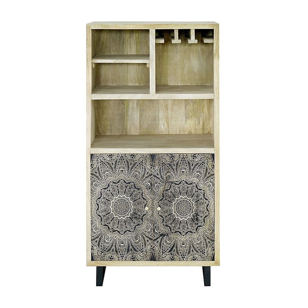 Olan 50 Inch Wine Cabinet, 2 Door, 4 Shelf, Screen Print, Wood, Natural - BM311063