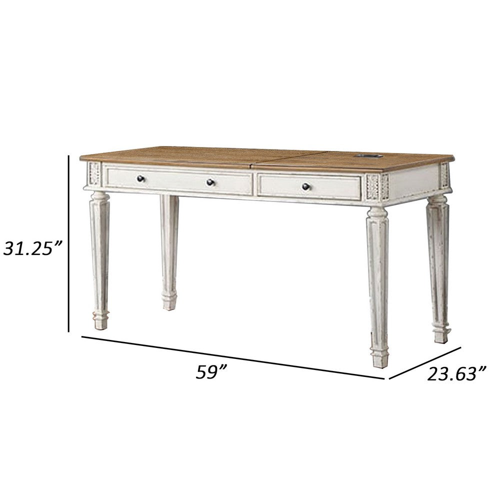 59 Inch Lift Top Desk, 2 Drawers, USB Ports, Solid Wood, White, Oak Brown - BM311069