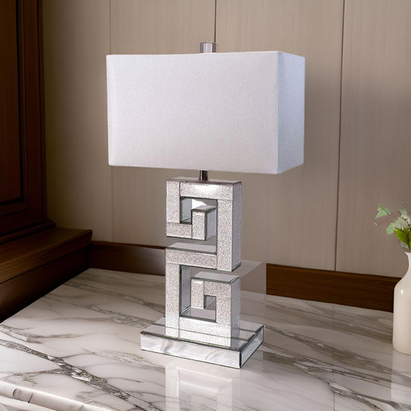 25 Inch Table Lamp, Glitter Panel, Frieze Base, Glass, Silver Metal Frame - BM311075