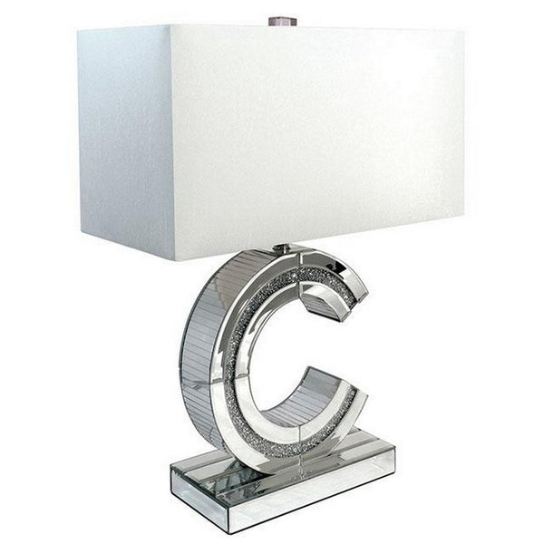 22 Inch Table Lamp, Encrusted Crystal, C Shaped Metal Frame, Glass, Silver - BM311076