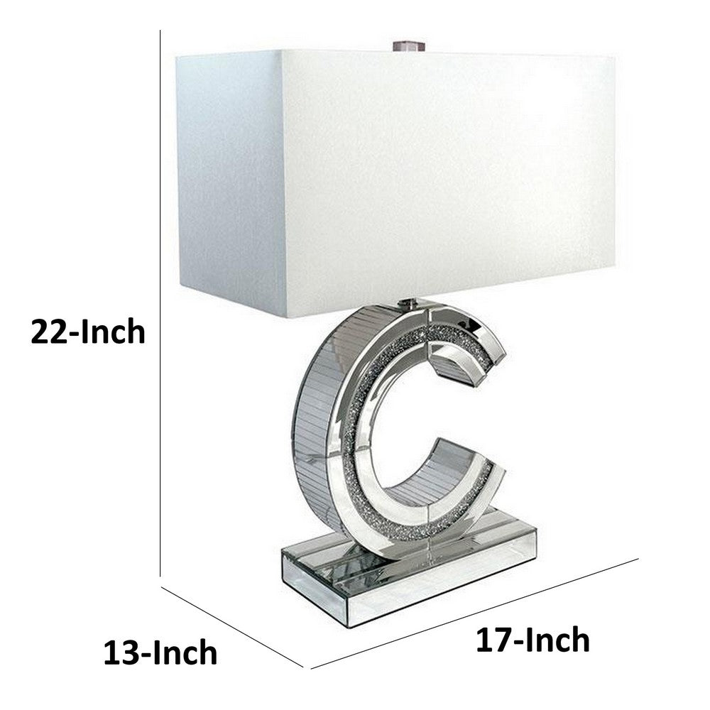 22 Inch Table Lamp, Encrusted Crystal, C Shaped Metal Frame, Glass, Silver - BM311076