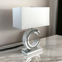 22 Inch Table Lamp, Encrusted Crystal, C Shaped Metal Frame, Glass, Silver - BM311076