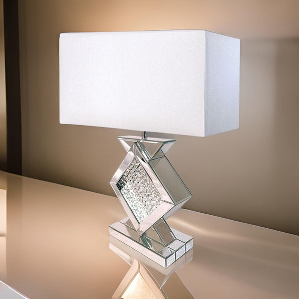 27 Inch Table Lamp, Acrylic Crystals, Diamond Base, Champagne Silver Metal - BM311077