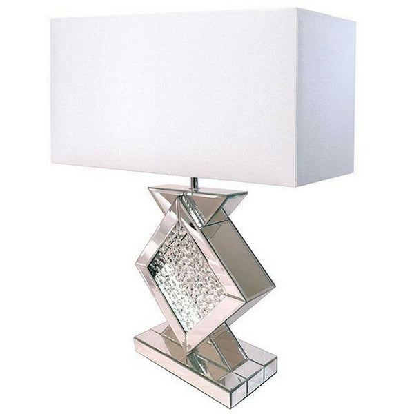 27 Inch Table Lamp, Acrylic Crystals, Diamond Base, Champagne Silver Metal - BM311077