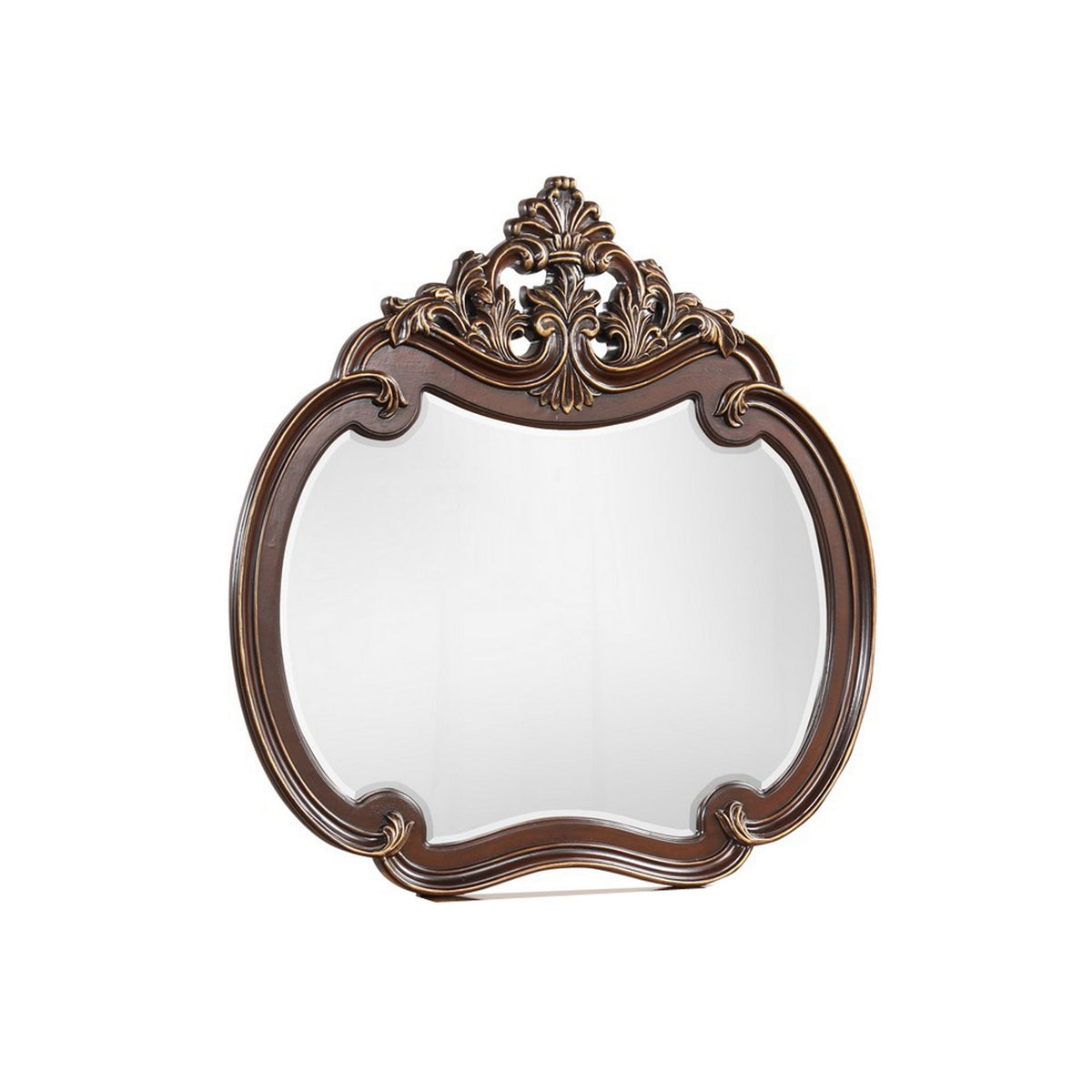 Mike 48 x 49 Buffet Mirror, Round Wood Frame Carved Crown Top, Cherry Brown - BM311120