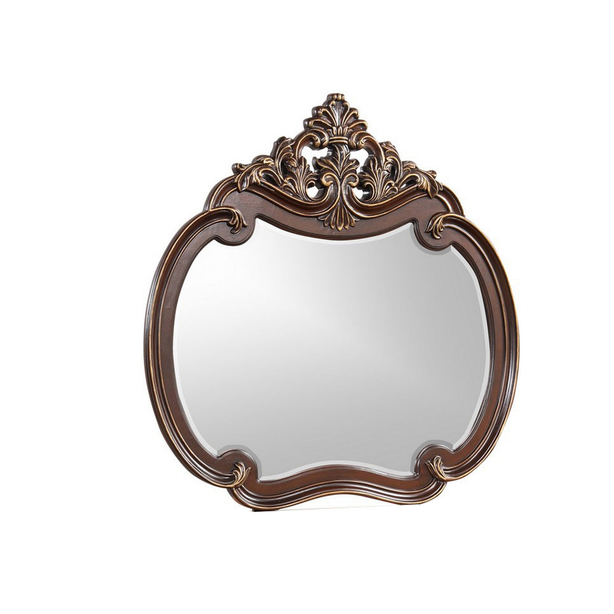 Mike 48 x 49 Buffet Mirror, Round Wood Frame Carved Crown Top, Cherry Brown - BM311120