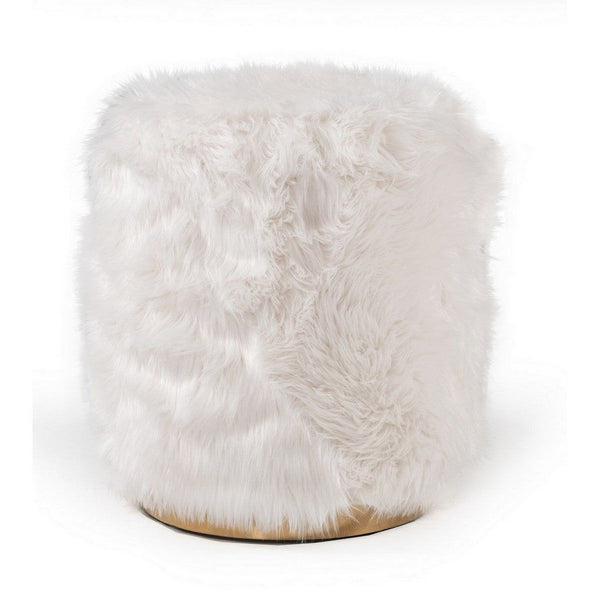 19 Inch Ottoman, Faux Fur Upholstery, Stainless Steel Base, White, Gold - BM311135