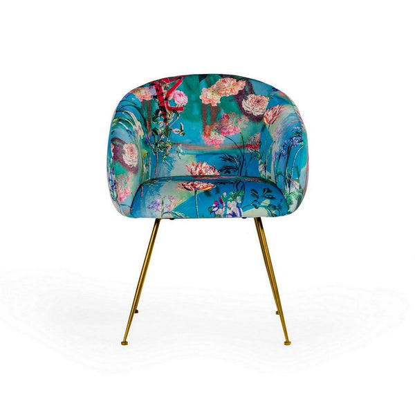 25 Inch Dining Chair, Floral Design, Gold Legs, Blue Velvet Upholstery - BM311153