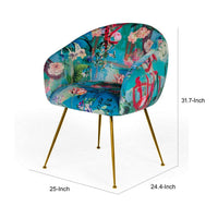 25 Inch Dining Chair, Floral Design, Gold Legs, Blue Velvet Upholstery - BM311153