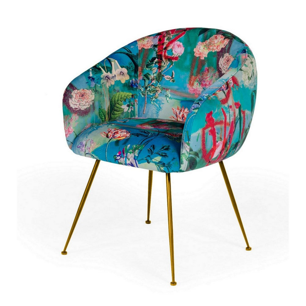 25 Inch Dining Chair, Floral Design, Gold Legs, Blue Velvet Upholstery - BM311153