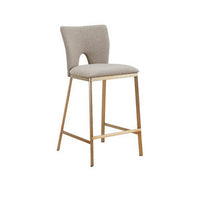 27 Inch Counter Stool Chair Set of 2, Beige Velvet Upholstery and Brass - BM311159