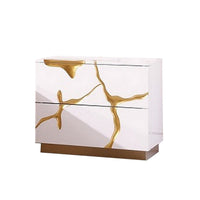 24 Inch Nightstand, 2 Drawers, Gold Details, Metal Base, White Wood - BM311162