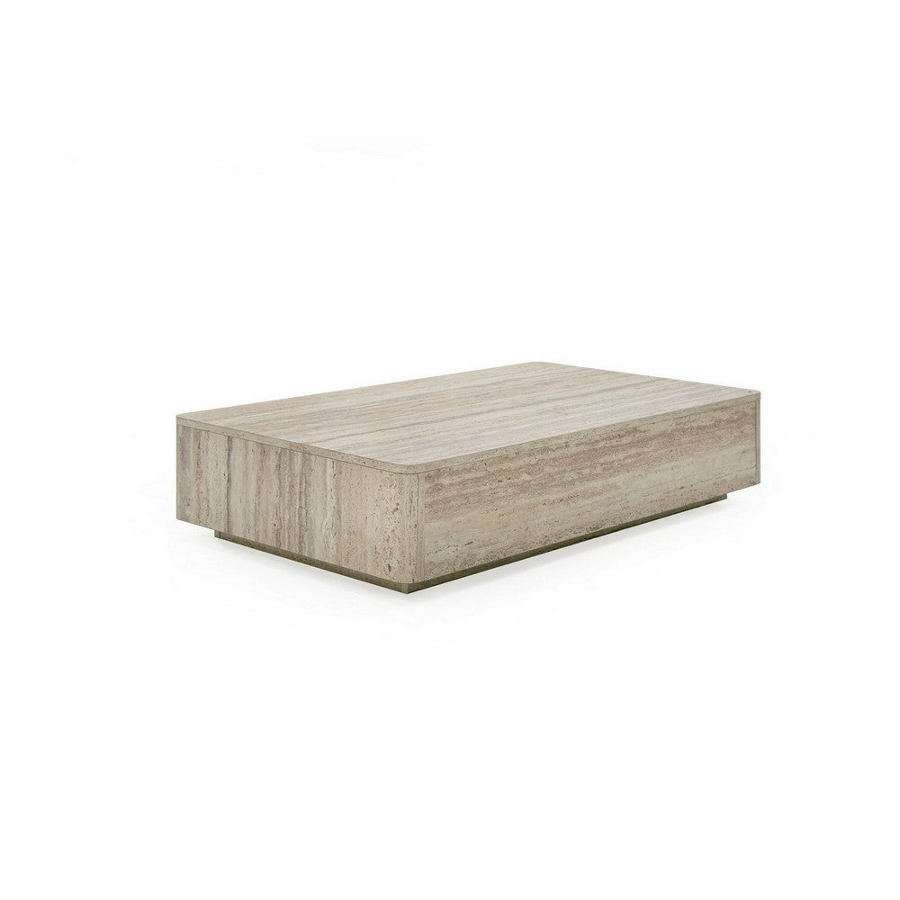 Lia 55 Inch Coffee Table, Rectangular Travertine Stone Finish Laminated Top - BM311178