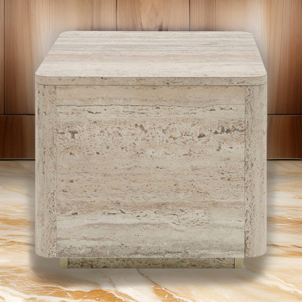 Lia 20 Inch End Table, Square Travertine Stone Finish Laminated Top - BM311179