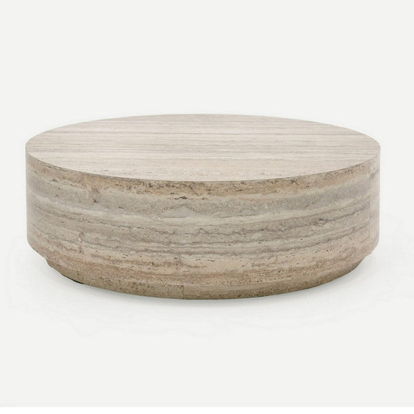 Lia 39 Inch Coffee Table, Round Travertine Stone Finish Laminated Top - BM311180