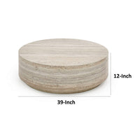 Lia 39 Inch Coffee Table, Round Travertine Stone Finish Laminated Top - BM311180