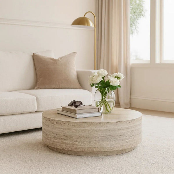 Lia 39 Inch Coffee Table, Round Travertine Stone Finish Laminated Top - BM311180