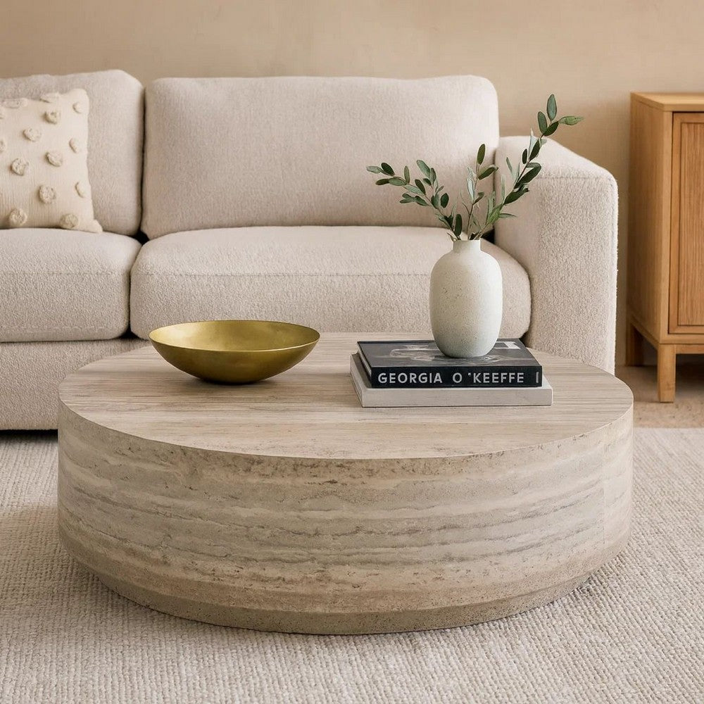 Lia 39 Inch Coffee Table, Round Travertine Stone Finish Laminated Top - BM311180
