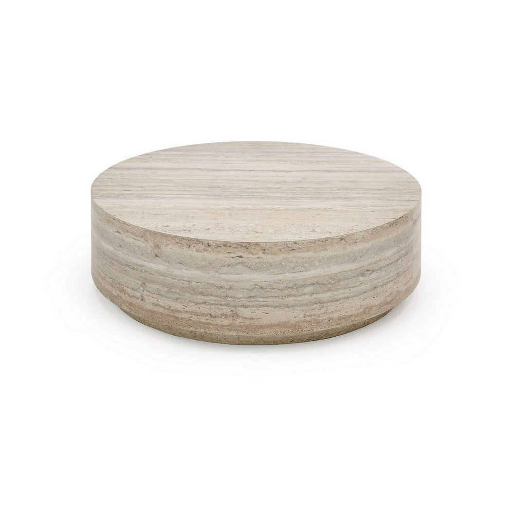 Lia 39 Inch Coffee Table, Round Travertine Stone Finish Laminated Top - BM311180