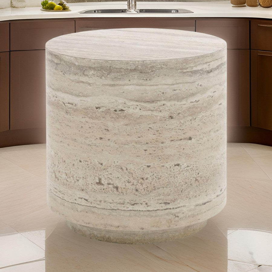 Lia 18 Inch End Table, Round Travertine Stone Finish Laminated Top - BM311182