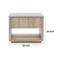 Fly 32 Inch Nightstand, 1 Drawer, 1 Sleek Gold Handle, Travertine Gray - BM311190