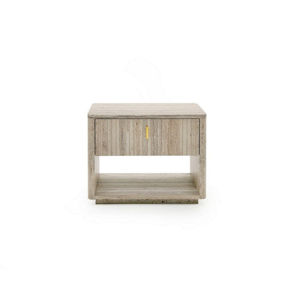 Fly 32 Inch Nightstand, 1 Drawer, 1 Sleek Gold Handle, Travertine Gray - BM311190