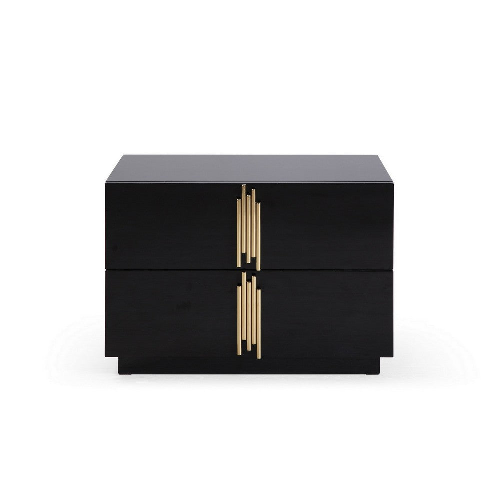 28 Inch Nightstand, Modern Vertical Gold Handles, 2 Drawers, Black Finish - BM311195