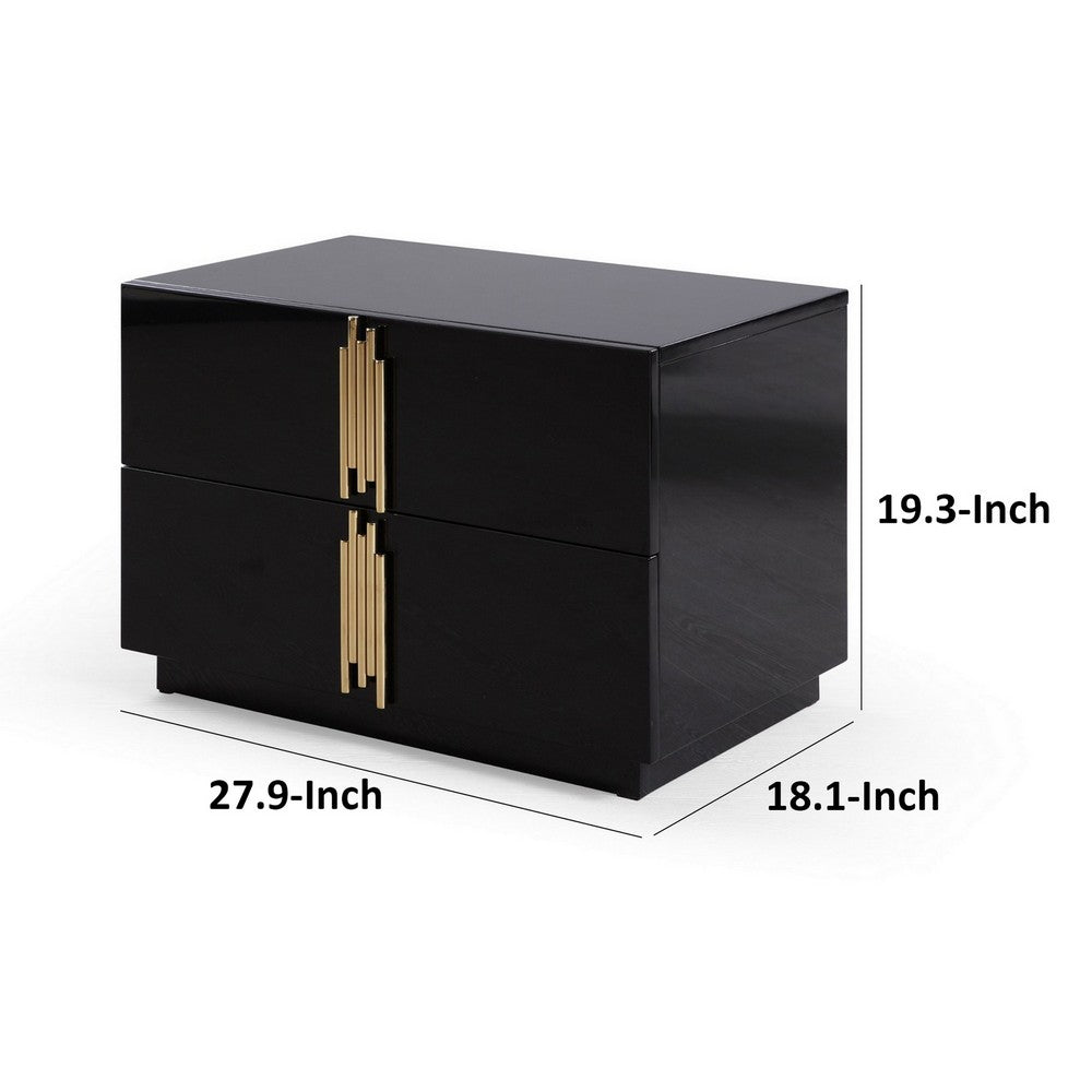 28 Inch Nightstand, Modern Vertical Gold Handles, 2 Drawers, Black Finish - BM311195