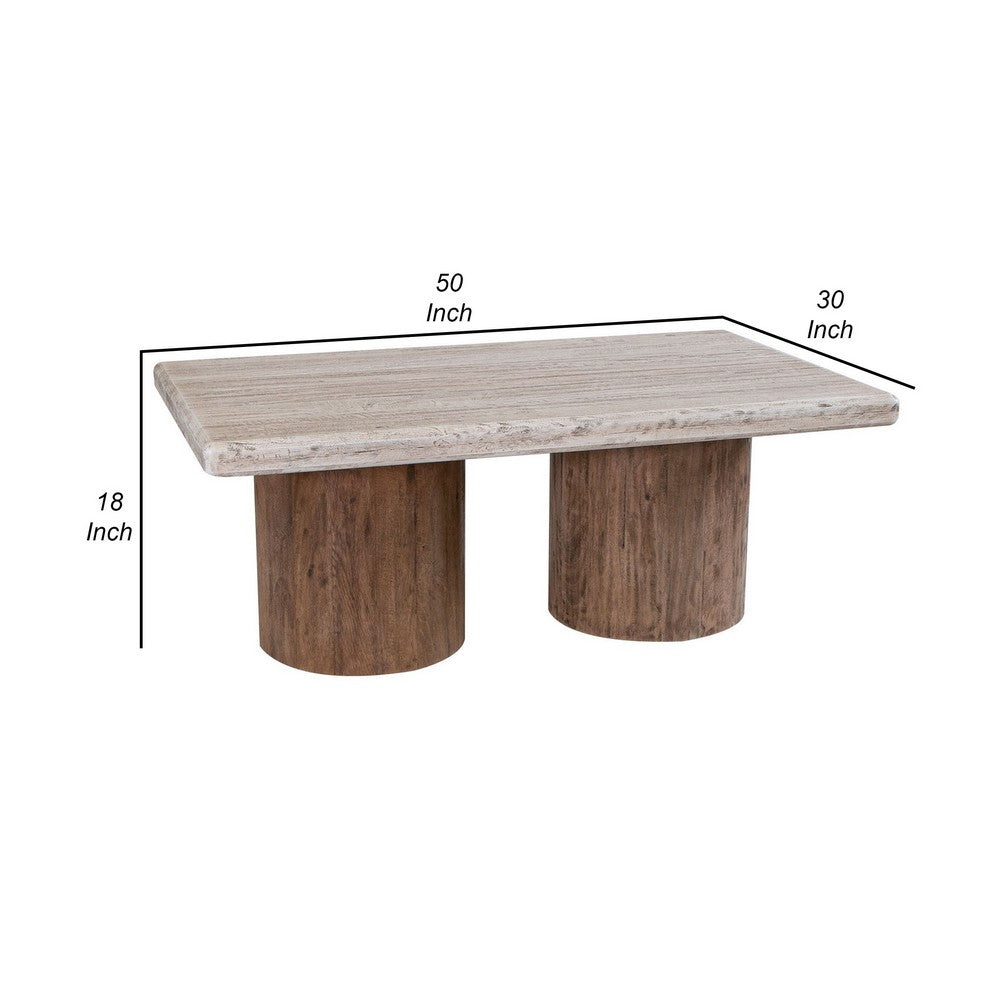 Kohl 50 Inch Cocktail Table, Brown Mango Wood, Drum Base, Cream Floated Top - BM311231
