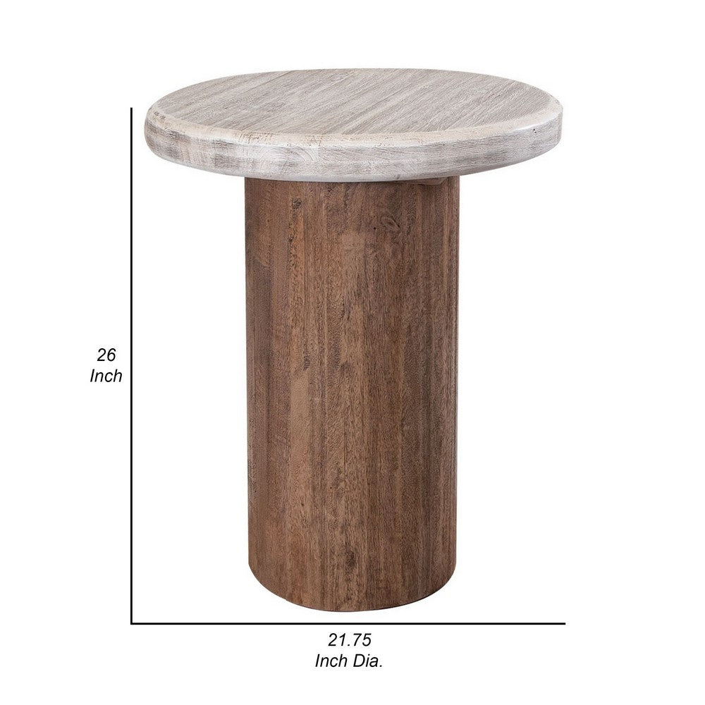 Kohl 26 Inch Side End Table, Brown Mango Wood, Drum Base, Cream Floated Top - BM311232