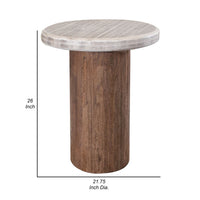 Kohl 26 Inch Side End Table, Brown Mango Wood, Drum Base, Cream Floated Top - BM311232