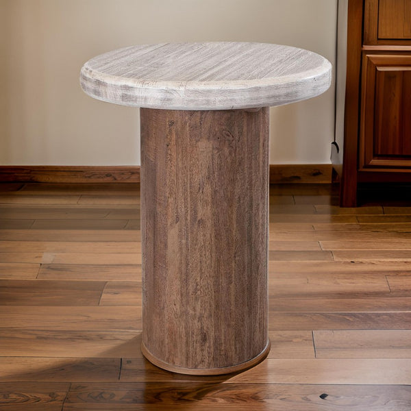 Kohl 26 Inch Side End Table, Brown Mango Wood, Drum Base, Cream Floated Top - BM311232