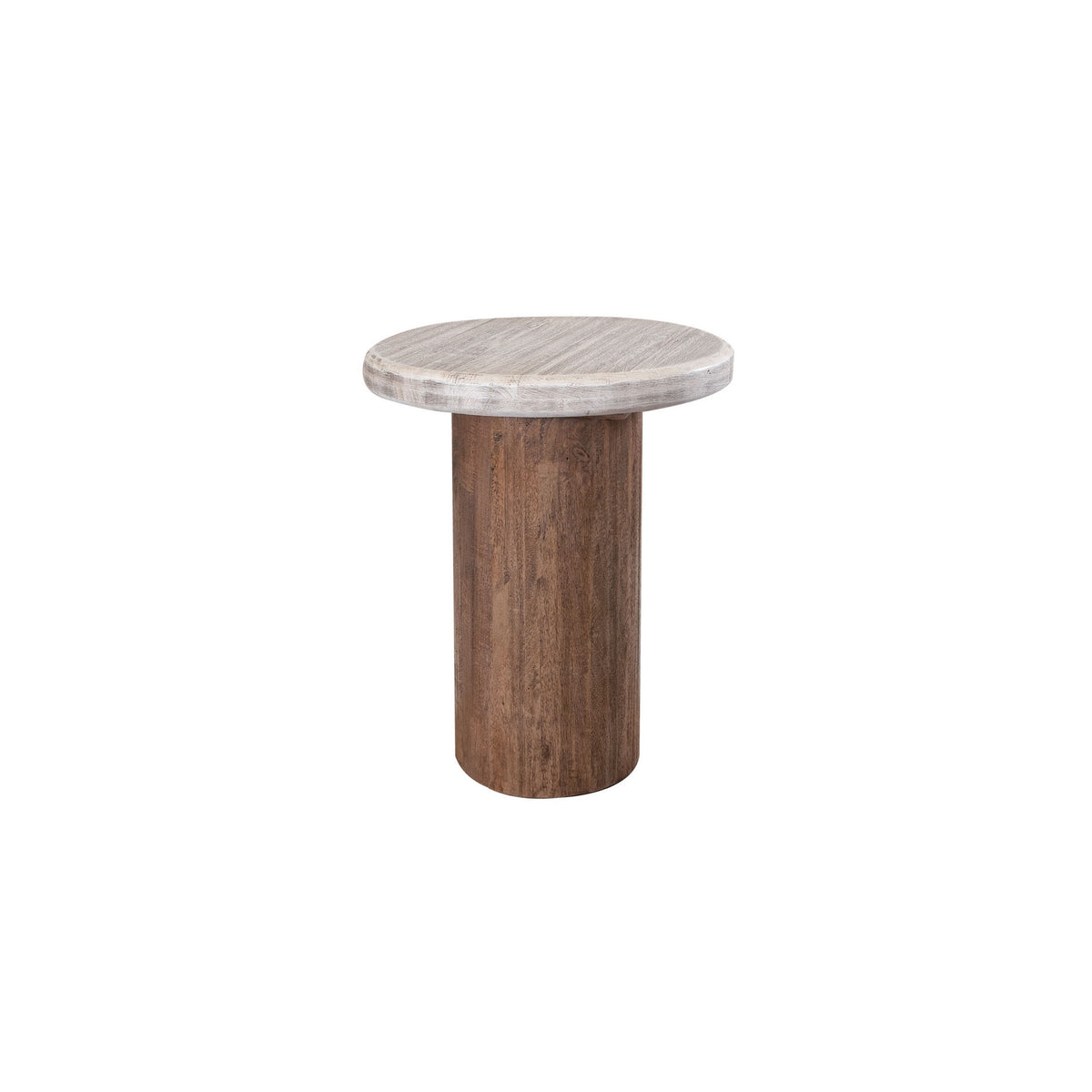 Kohl 26 Inch Side End Table, Brown Mango Wood, Drum Base, Cream Floated Top - BM311232