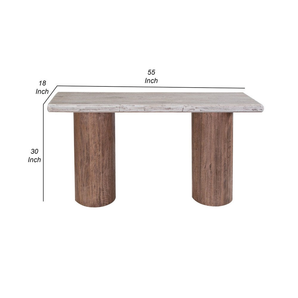 Kohl 55 Inch Sofa Table, Brown Mango Wood, Drum Base, Cream Floated Top - BM311233