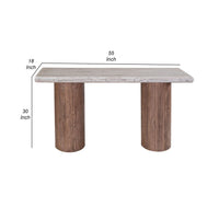 Kohl 55 Inch Sofa Table, Brown Mango Wood, Drum Base, Cream Floated Top - BM311233