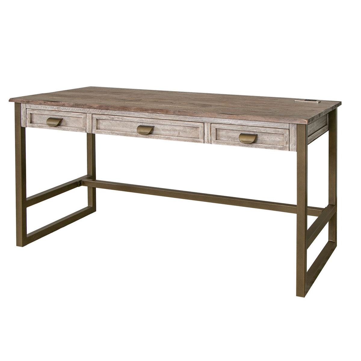 Kohl 60 Inch Desk, Brown Mango Wood, 3 Drawers, Antique Bronze Iron Base - BM311235