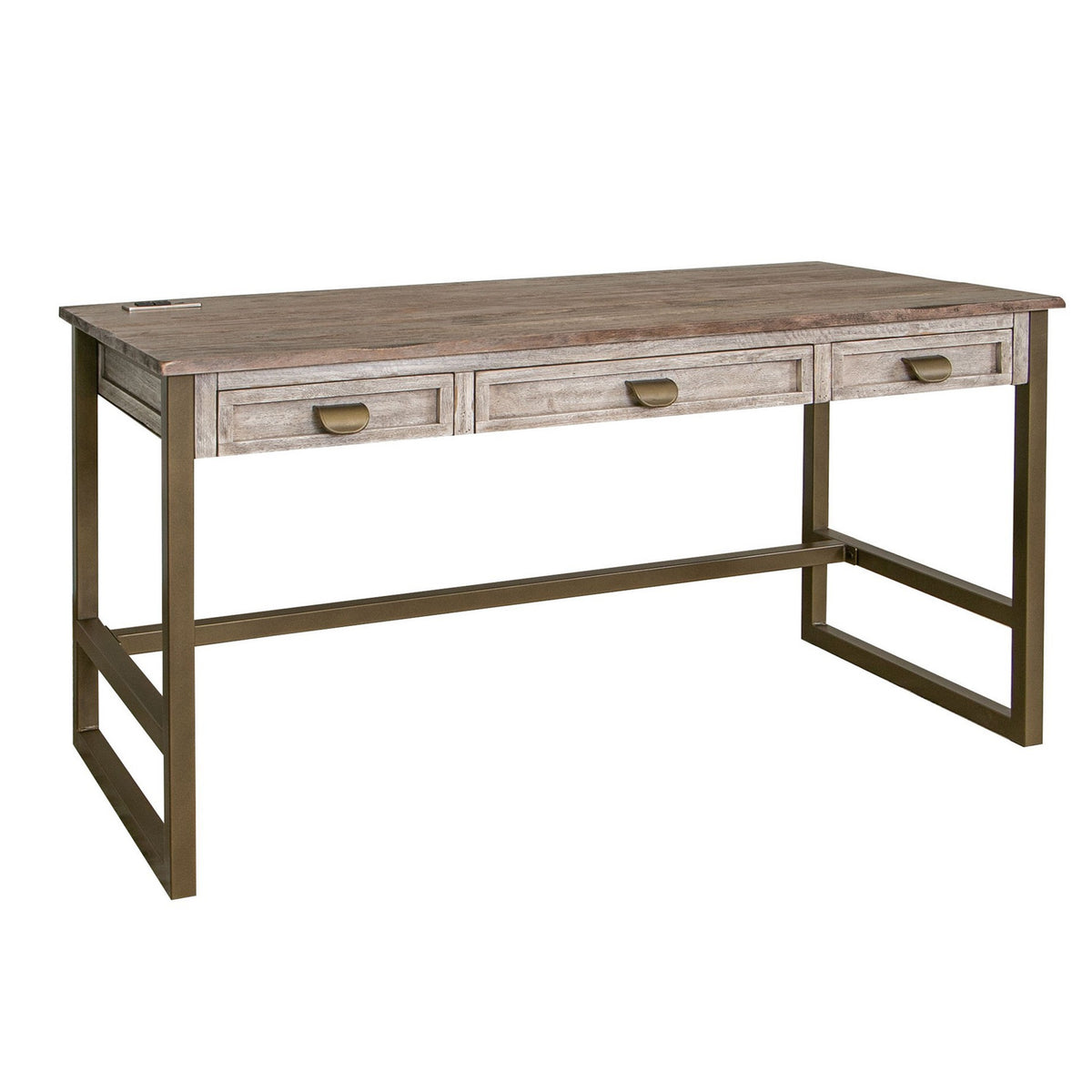 Kohl 60 Inch Desk, Brown Mango Wood, 3 Drawers, Antique Bronze Iron Base - BM311235