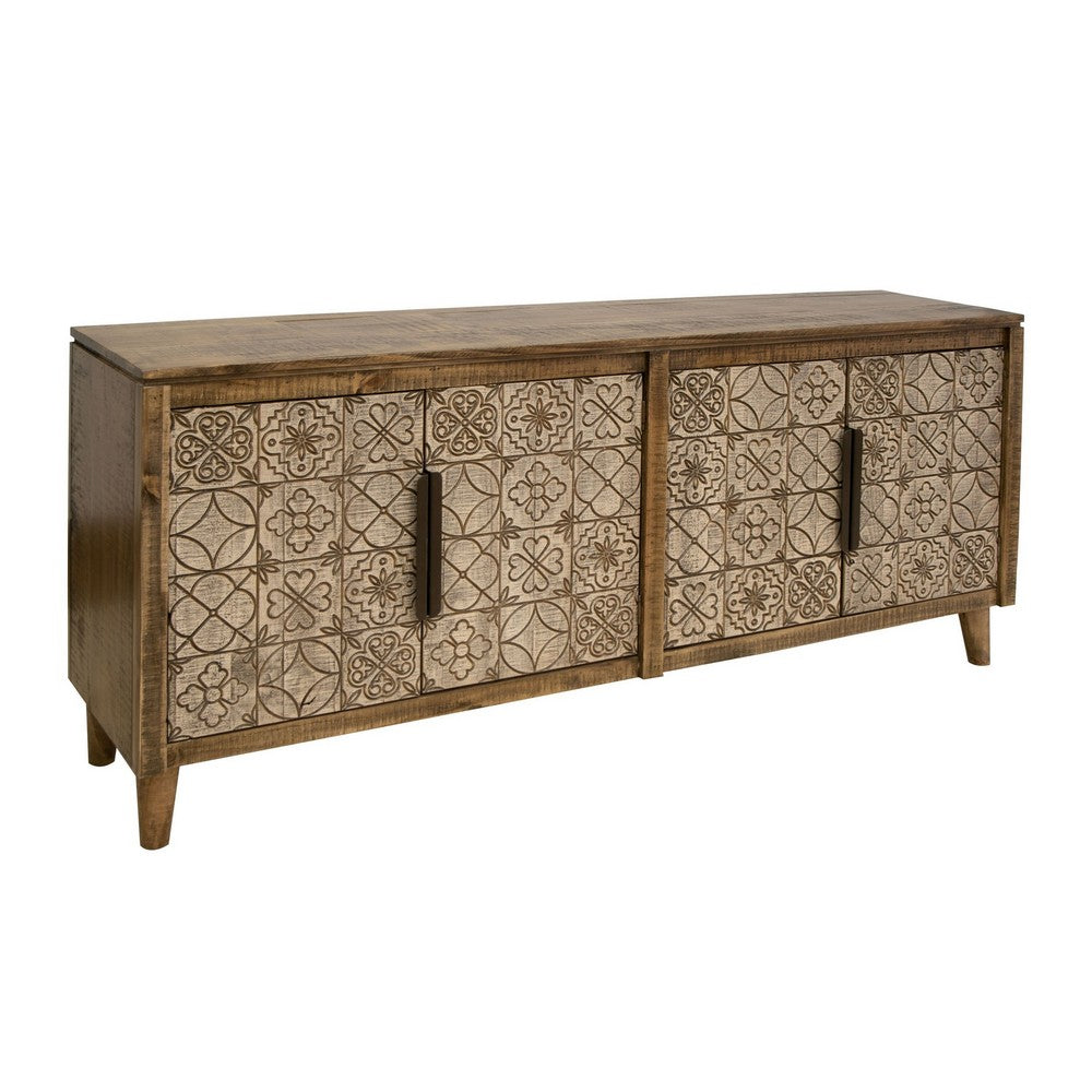 Vera 69 Inch Sideboard Console, Brown Pine Wood, 4 Doors, Geometric, Beige - BM311236