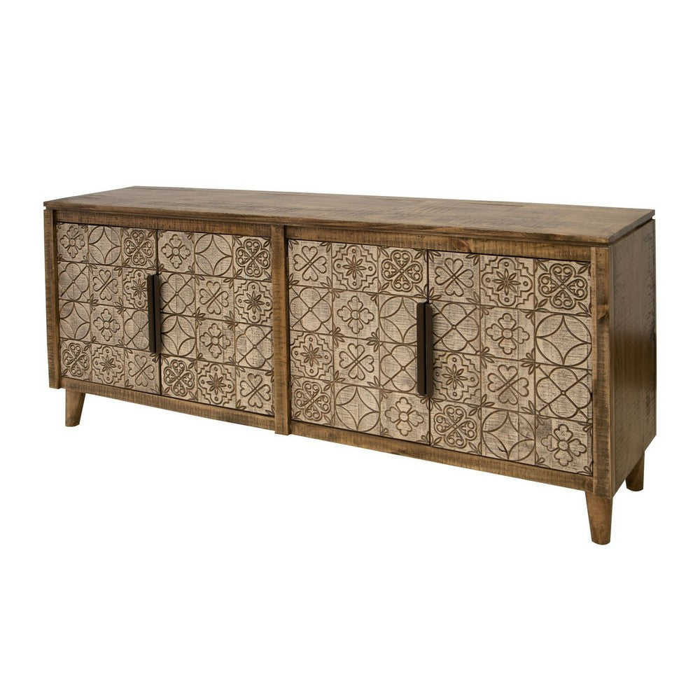 Vera 69 Inch Sideboard Console, Brown Pine Wood, 4 Doors, Geometric, Beige - BM311236