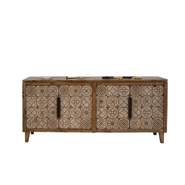 Vera 69 Inch Sideboard Console, Brown Pine Wood, 4 Doors, Geometric, Beige - BM311236