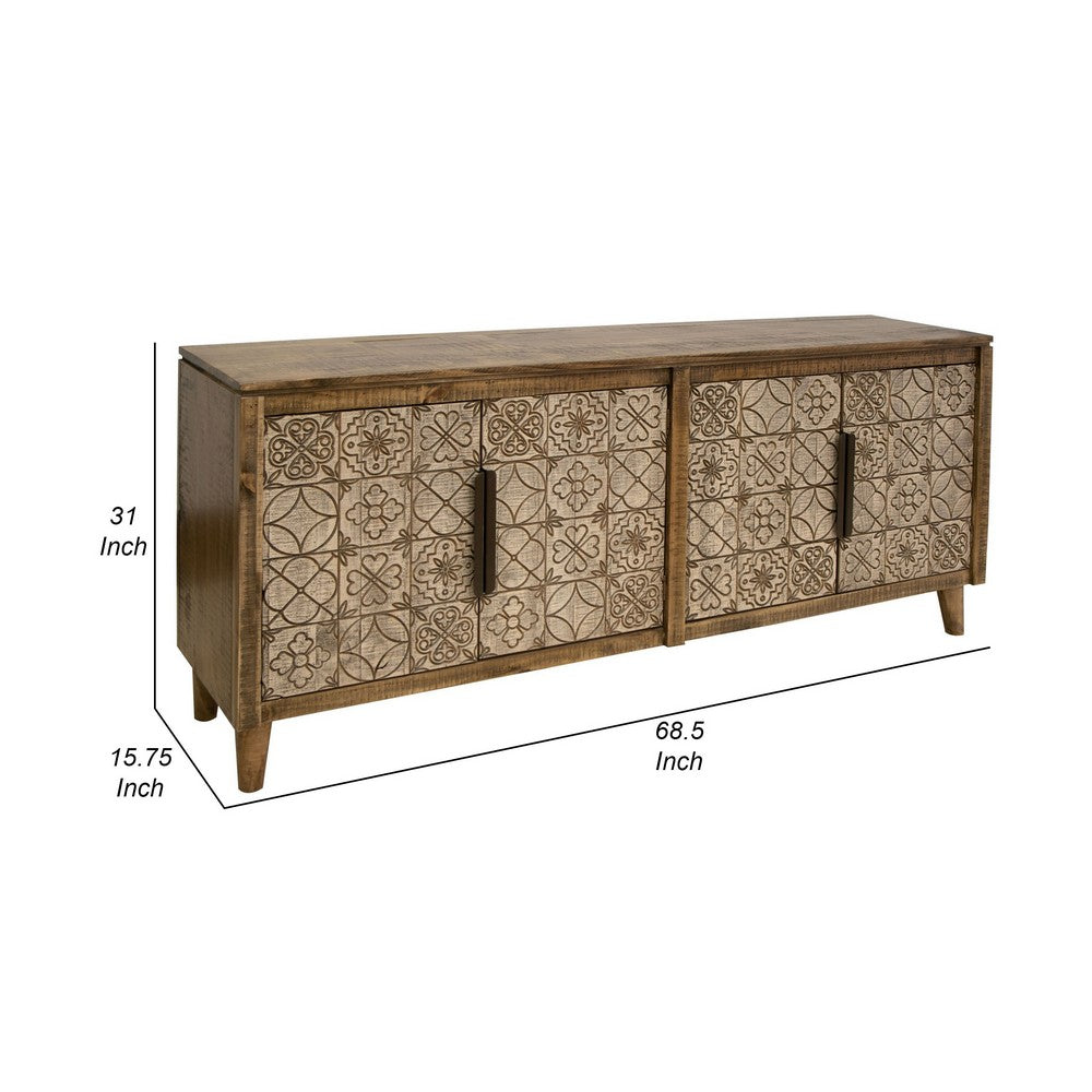 Vera 69 Inch Sideboard Console, Brown Pine Wood, 4 Doors, Geometric, Beige - BM311236