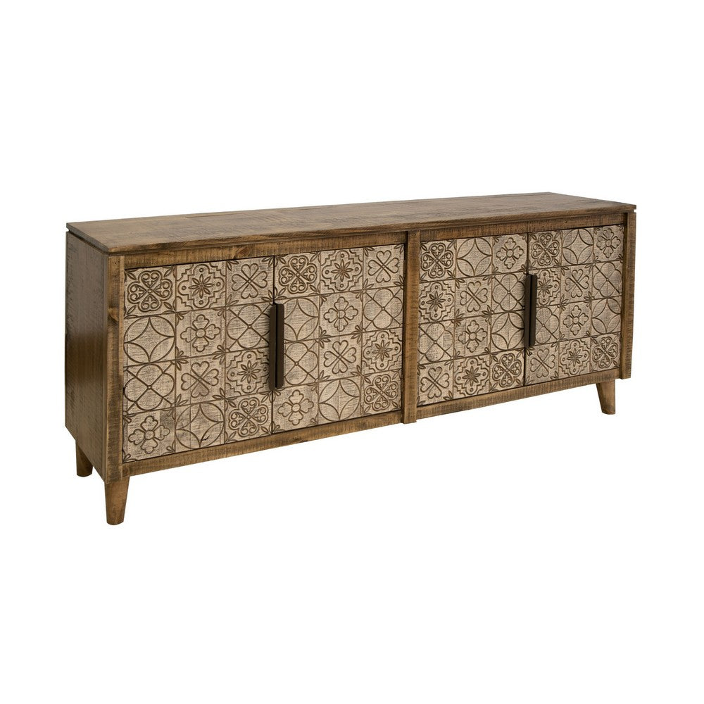 Vera 69 Inch Sideboard Console, Brown Pine Wood, 4 Doors, Geometric, Beige - BM311236