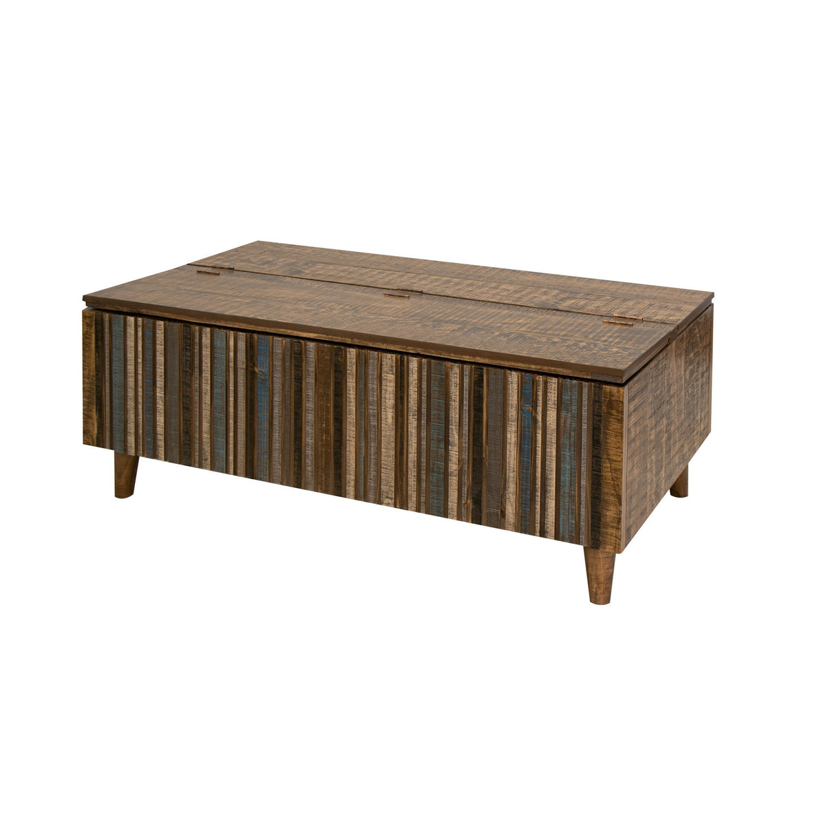 Texu 50 Inch Cocktail Table, Brown Blue Pine Wood, Hinged Top, Tapered Legs - BM311237