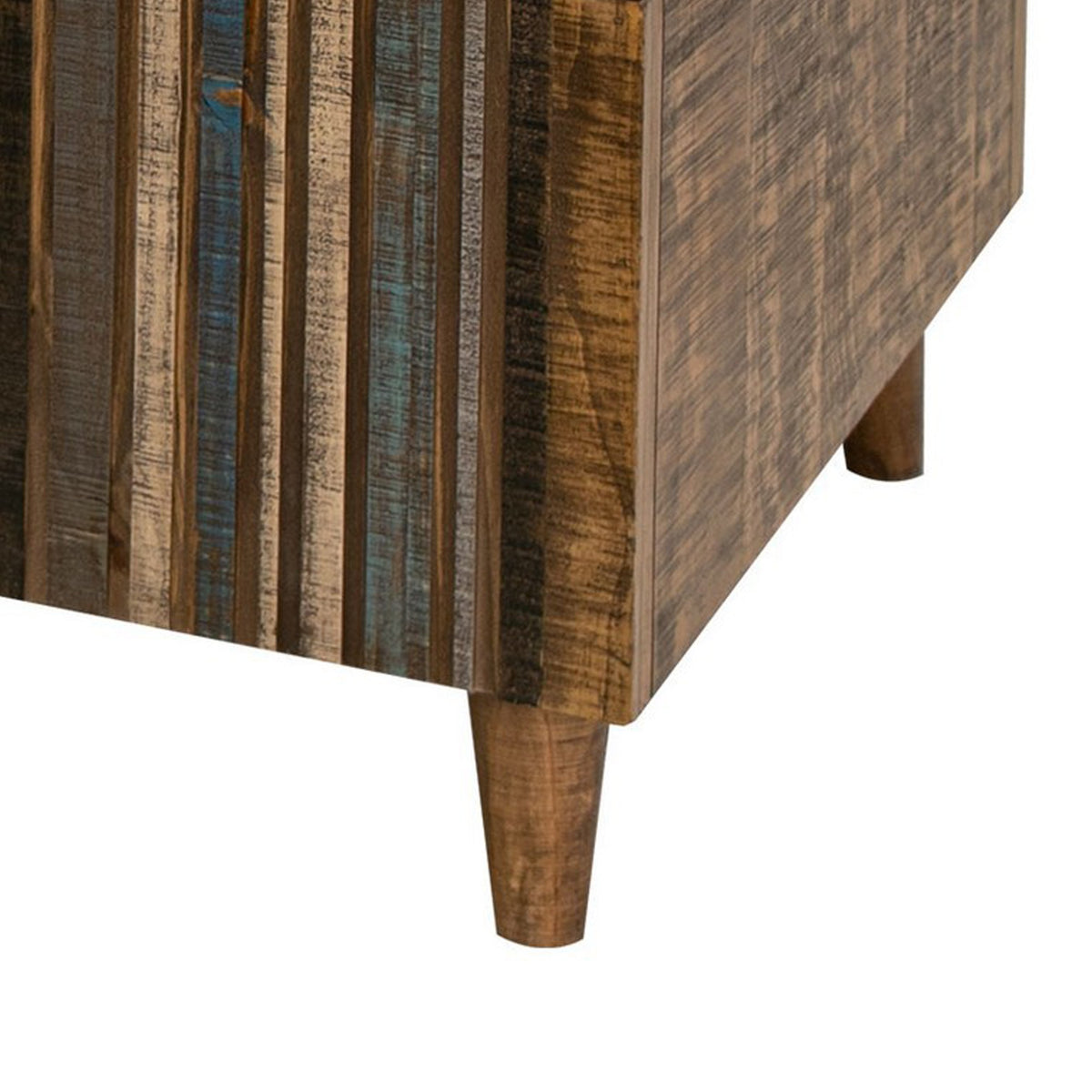 Texu 50 Inch Cocktail Table, Brown Blue Pine Wood, Hinged Top, Tapered Legs - BM311237